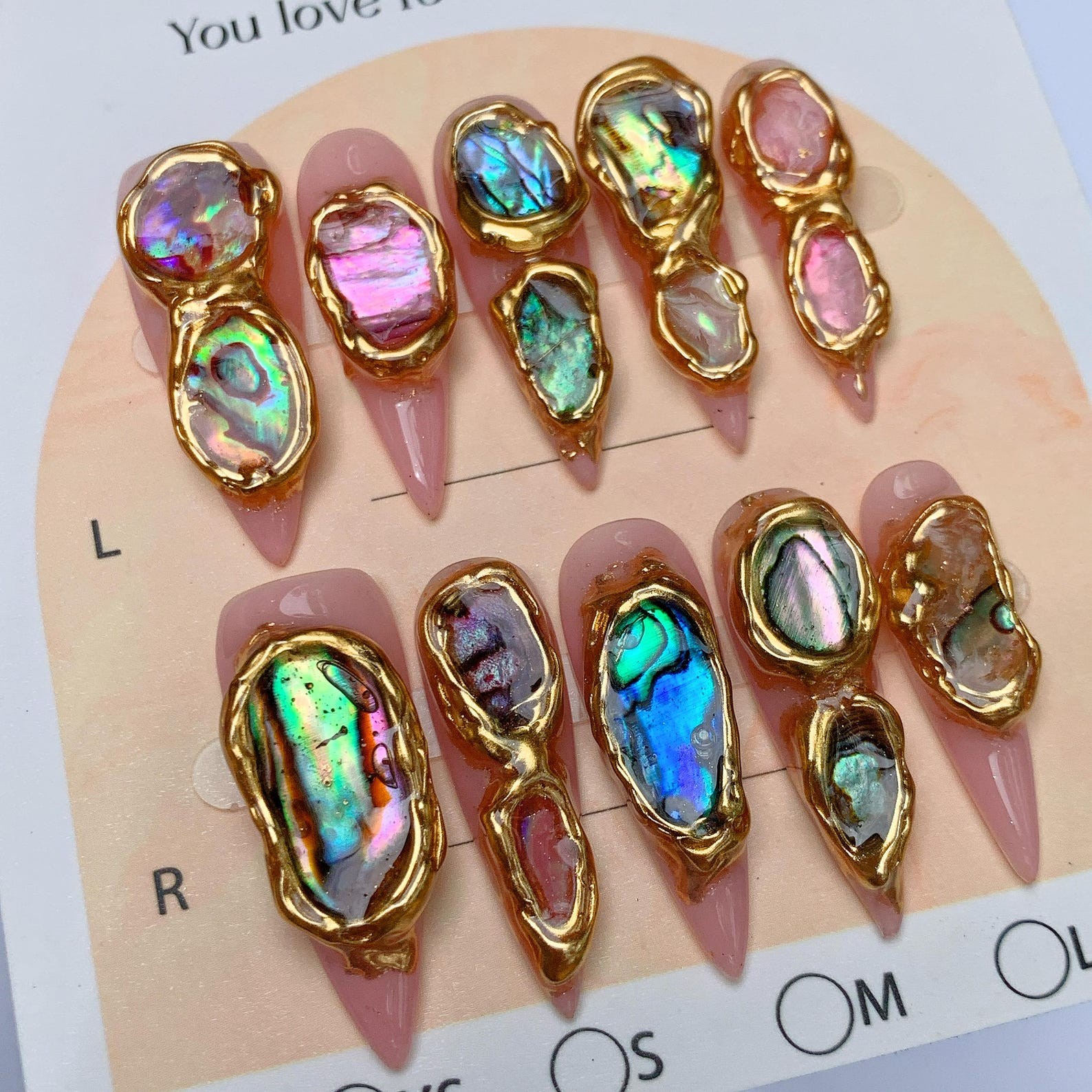 Custom Handmade Press on Nails Abalone Shell Golden Metal Luxury Salon Nail Art