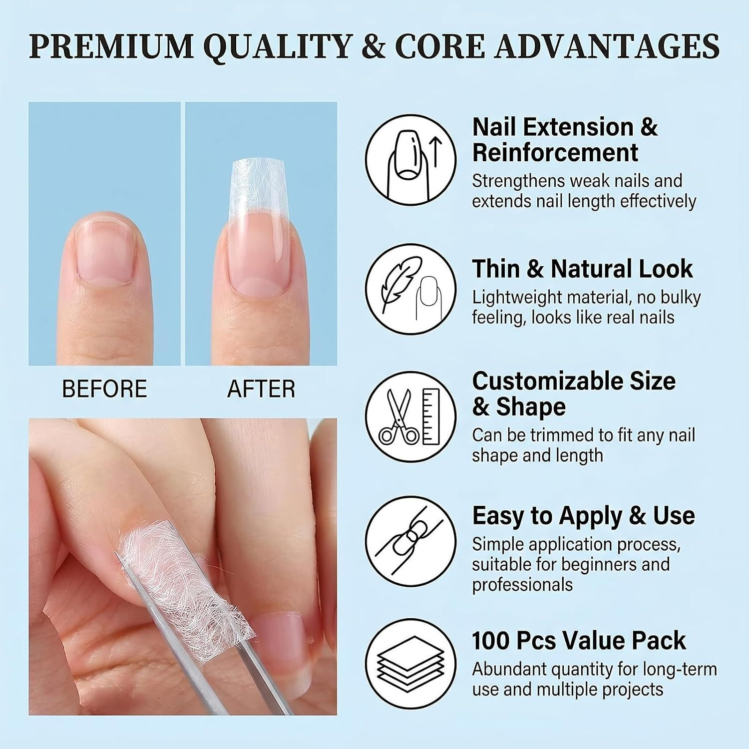100 Pcs Fiberglass Nail Wrap Extension, Nail Repair Silk Wrap for Broken Split