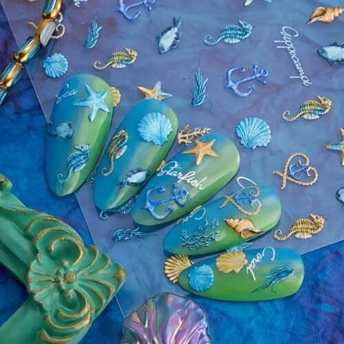 5D Embossed Seashell Starfish Nail Art Stickers Self Adhesive Marine Life Nail