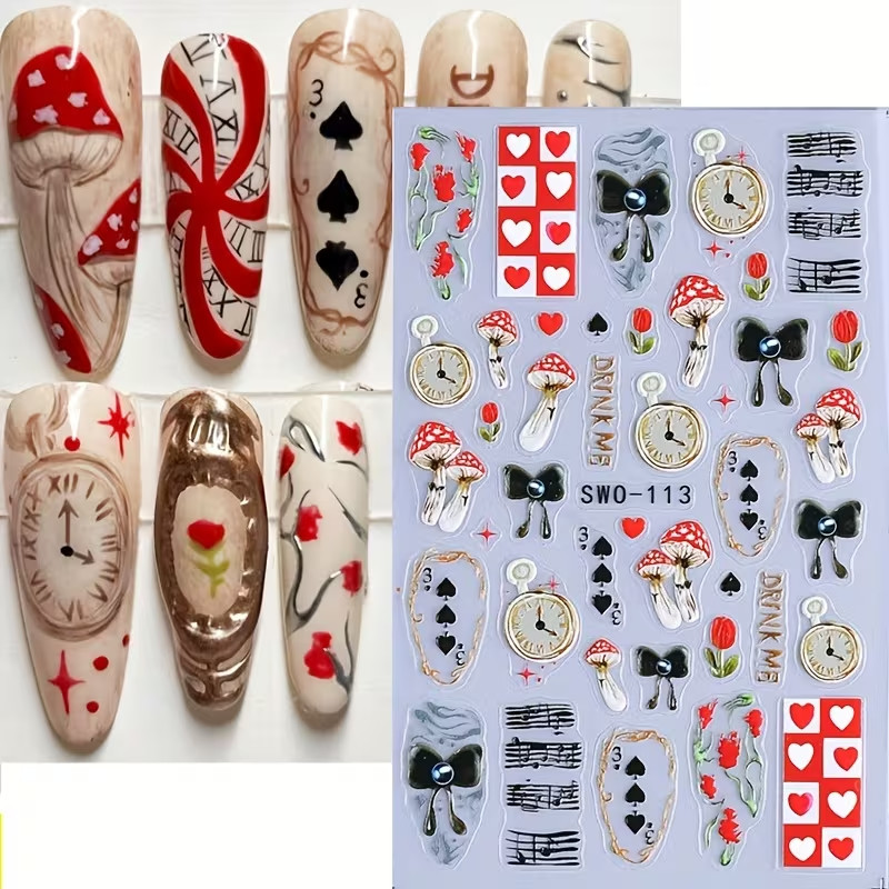 Alice in Wonderland Inspired Nail Decals Tulips Mushrooms Clock Nail Stickers