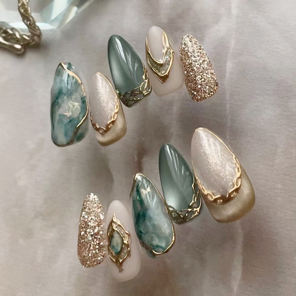 48Pcs-Long Almond Teal Ink Marble Metallic Gold Frame Rhinestone Press on Nails