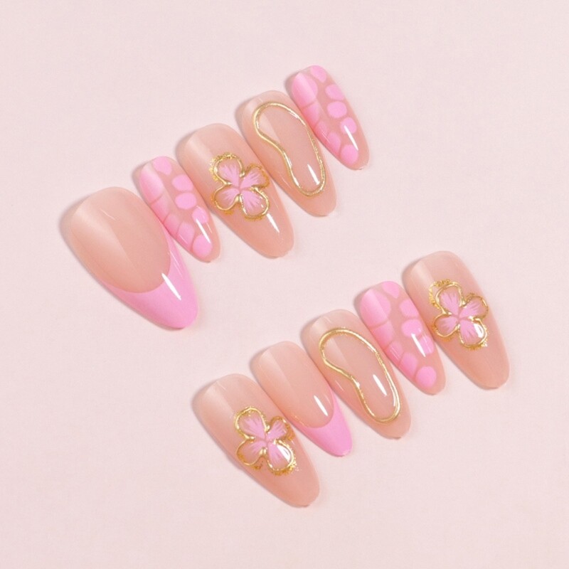 24 Pieces Medium Length Press On Nail with 3D Flower Artistic Designs False Nail