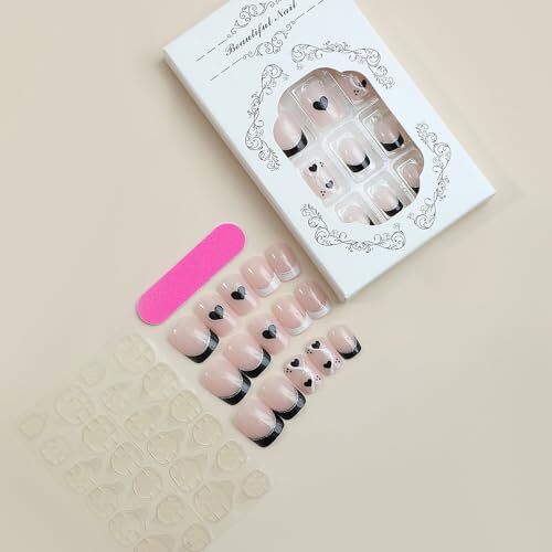 Black French Tip Press on Nails Black French Tip & Striped Hearts Design