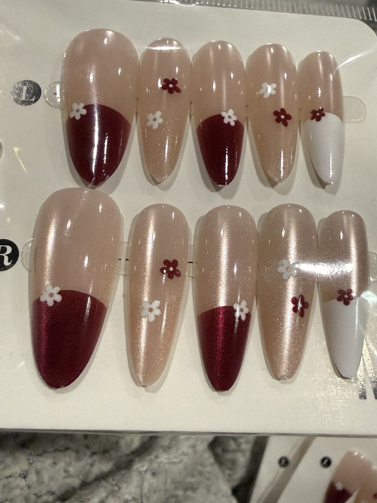 Medium Almond Press-On Floral Nails with Burgundy French Tips, Cat-Eye