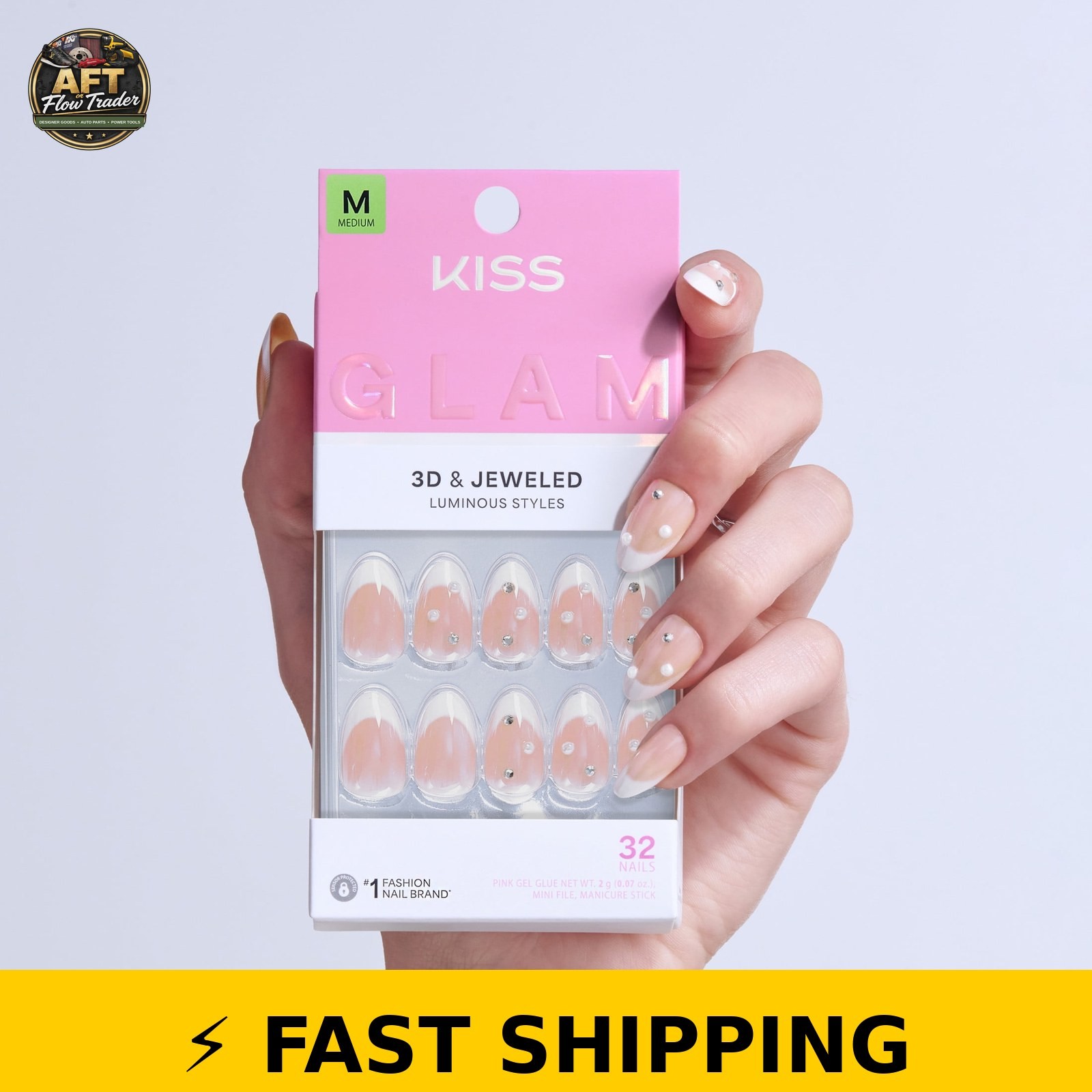 Kiss Glam 3D Press On Nails Almond, Serendipity Awaits, Medium 32 Count