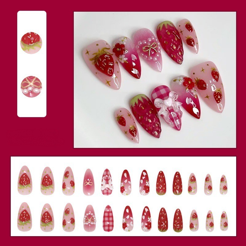 48pcs-Kawaii Press on Nails with 3D Strawberries, Plaid Bows and Gradient Tips