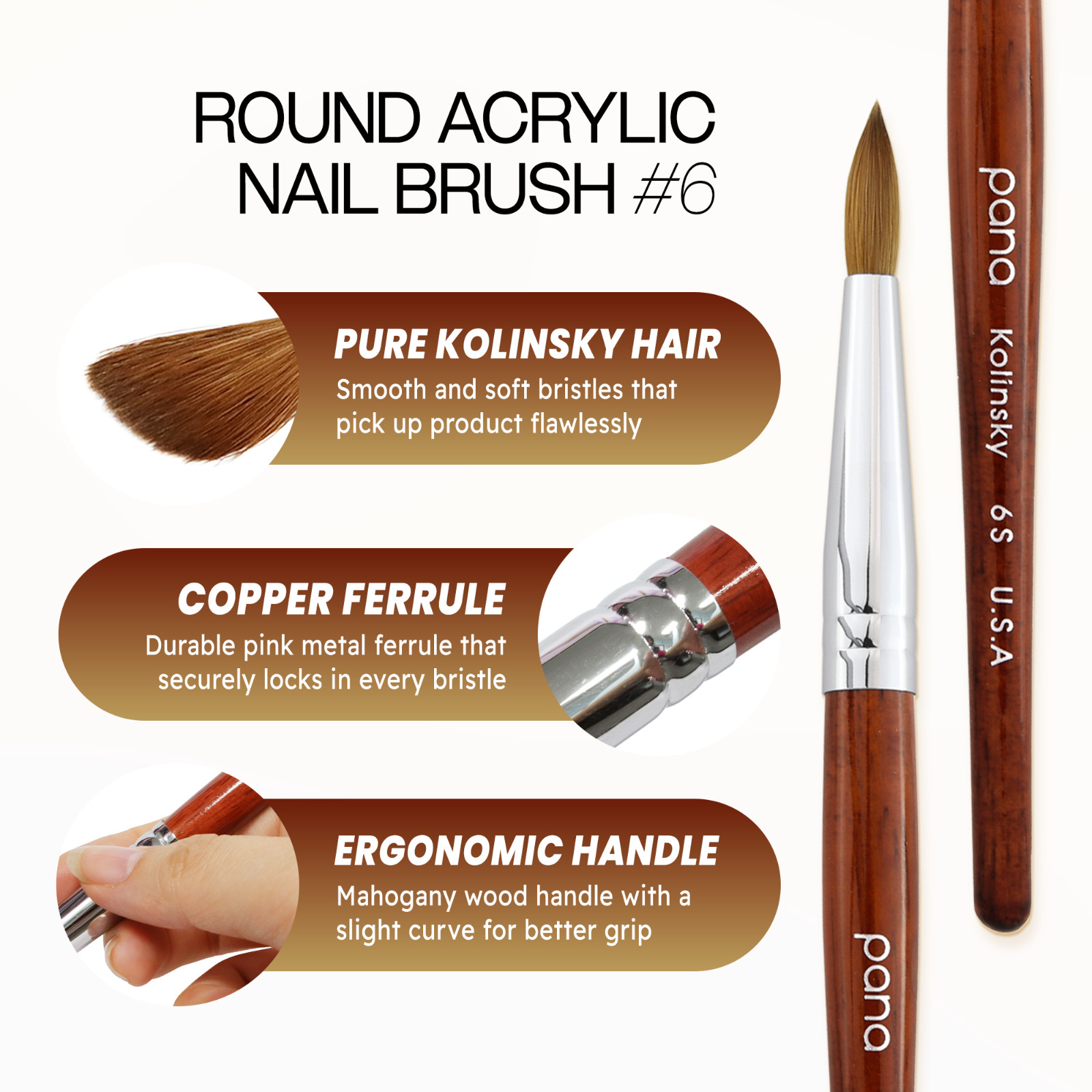 Pana USA Acrylic Nail Brush 100% Pure Kolinsky Hair Mahogany Wood Handle -Size 6