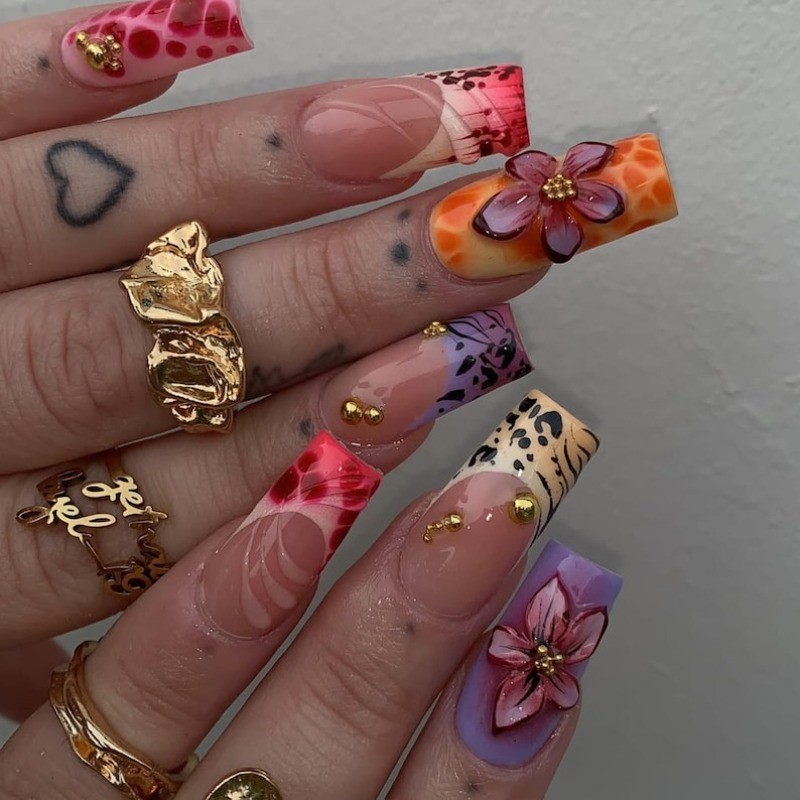 10-Press on Nails Flower Animal Print Metallic Square Nail Set Reusable Handmade