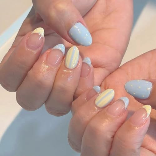 Almond Press On Nails – French Tip with Polka Dot & Striped Short Color32
