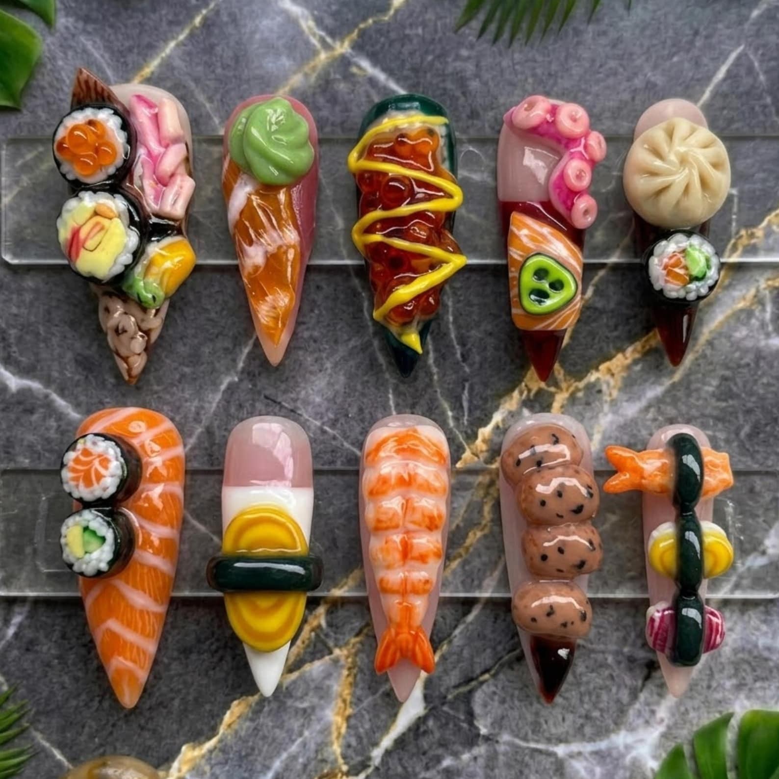 Handmade 3D Sushi Shrimp Dumpling Wasabi Food Long Stiletto Press on Nails Set