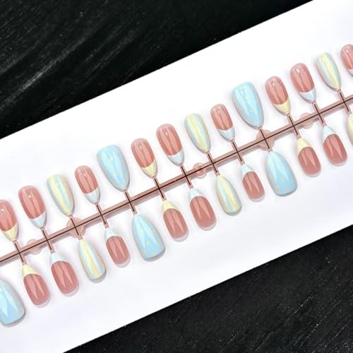 Almond Press On Nails – French Tip with Polka Dot & Striped Short Color32