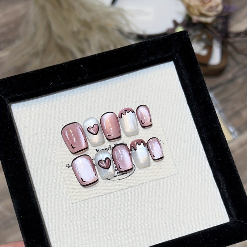 10Pcs Handmade Valentine’s Day Nails, White Pink Glitter Cat Eye, Heart Design