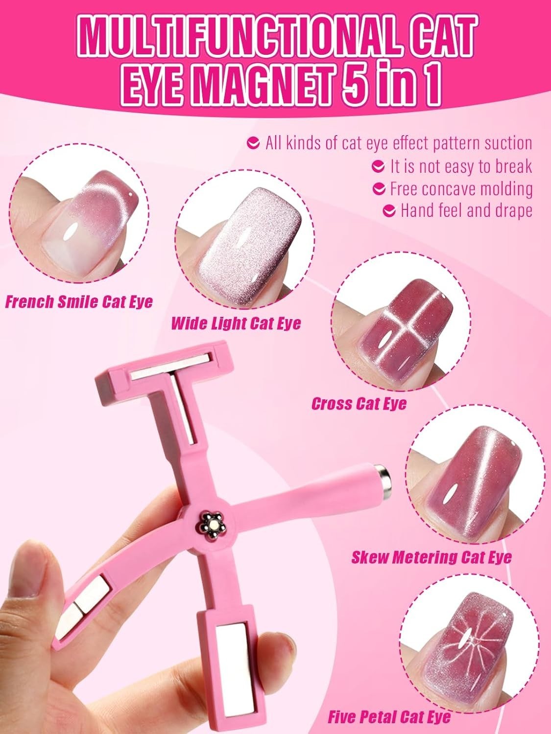 Professional 5-in-1 Cat Eye Magnetic Nail Art Tool – Lightweight & Stylish Pink