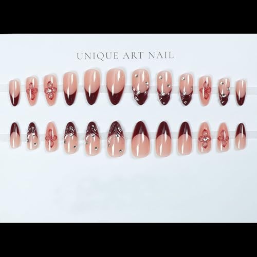 Press on Almond Nails Short Length Glossy Red French and Red Floral Rhinestone