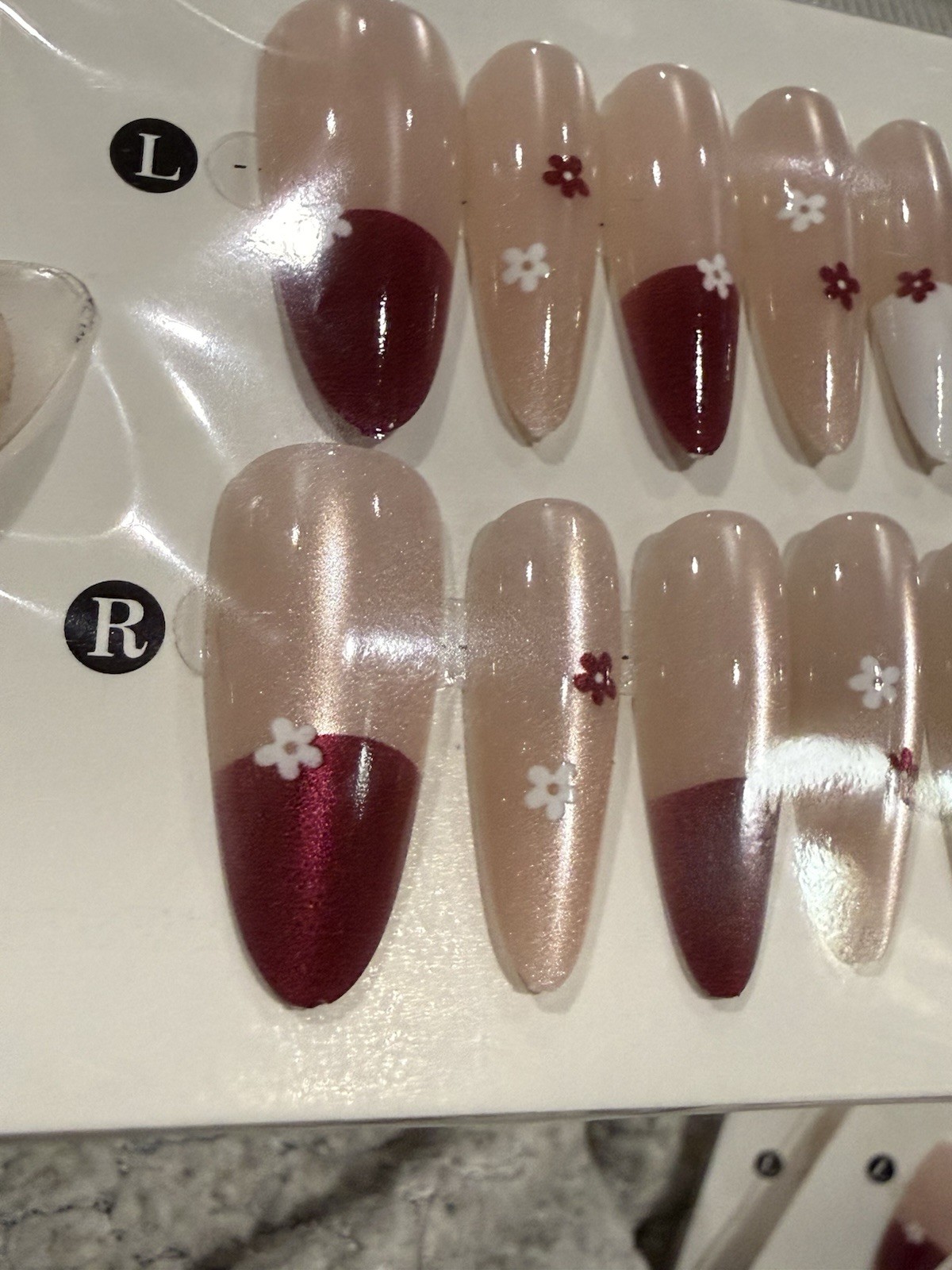 Medium Almond Press-On Floral Nails with Burgundy French Tips, Cat-Eye