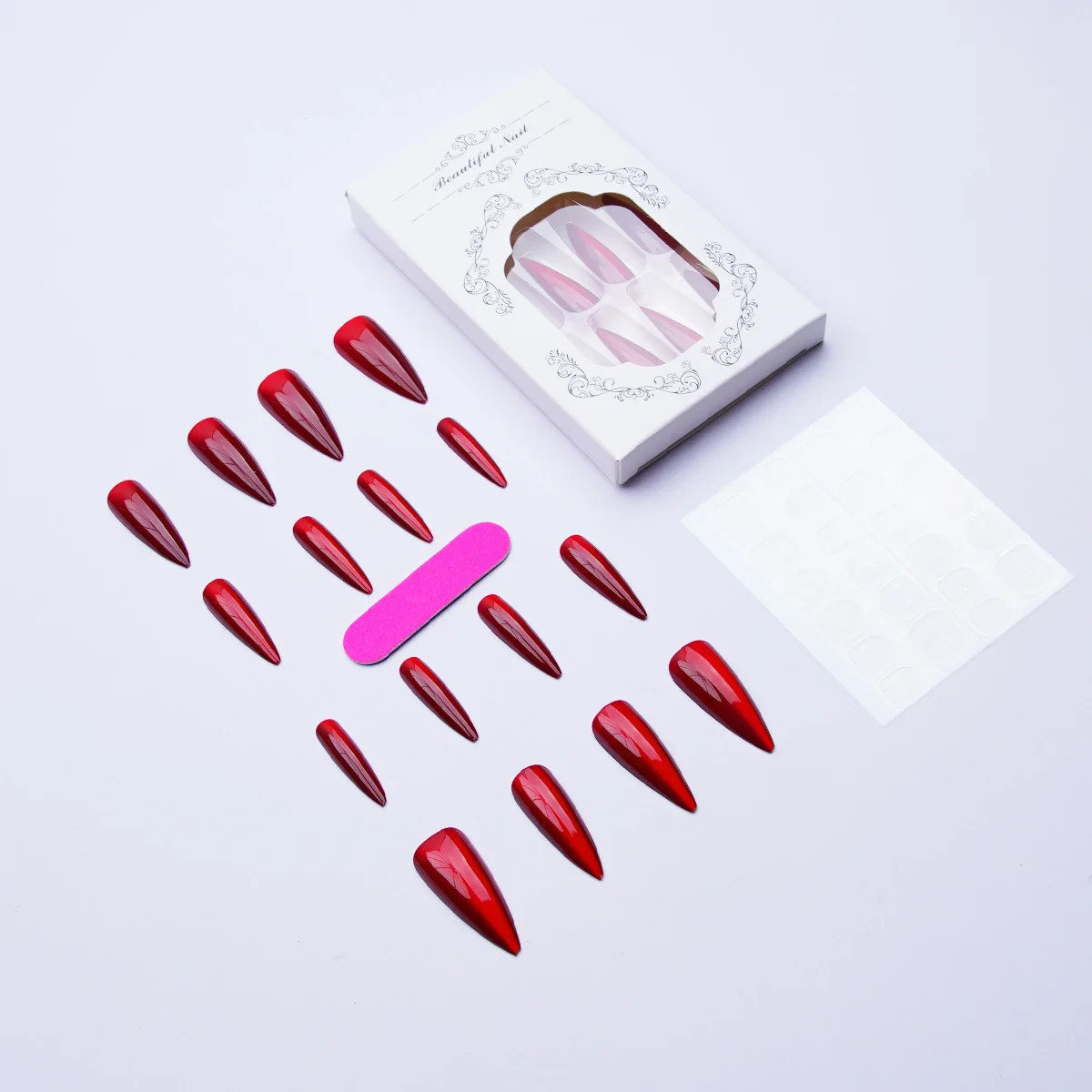 24pcs Long Pointed Red Cat Eye Press On Nails Sweet Cool Reusable Fake Nails