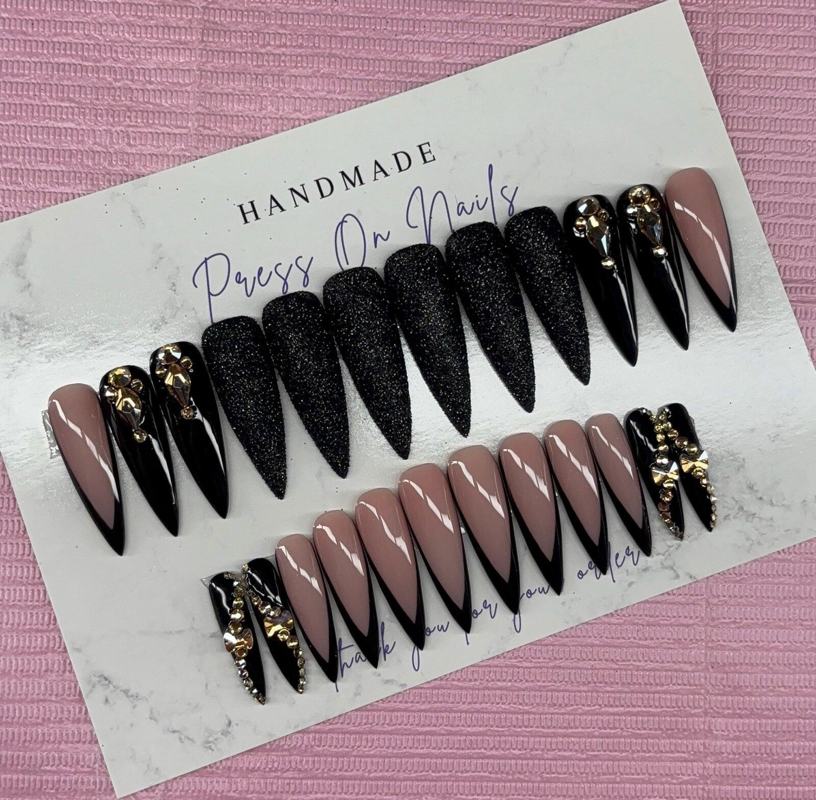 Extra long stiletto press on nails black deep v French tip rhinestones glitter