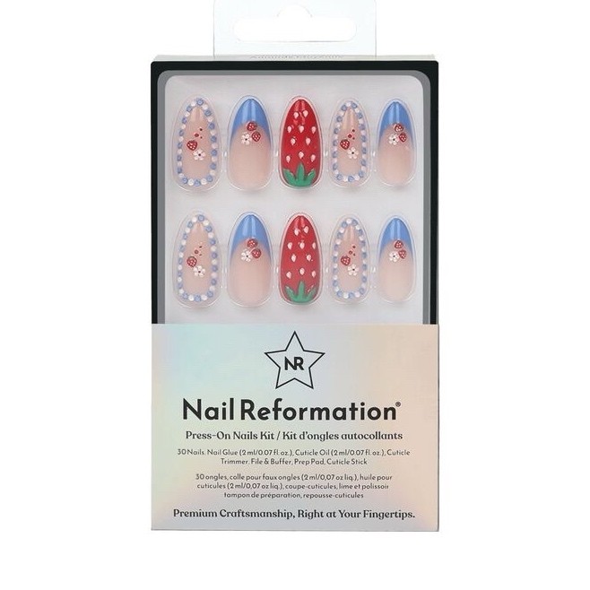 Nail Reformation Fruit Short Oval Press-On Nails Red Blue Nude Shiny Glue Inc