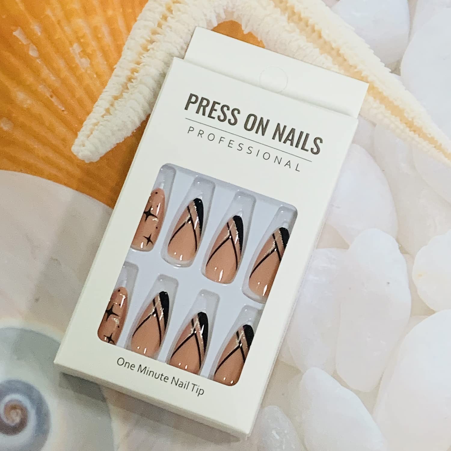 24 Pcs Natural Glossy Full Cover Reusable False Nails with Sticky Tabs, Press…