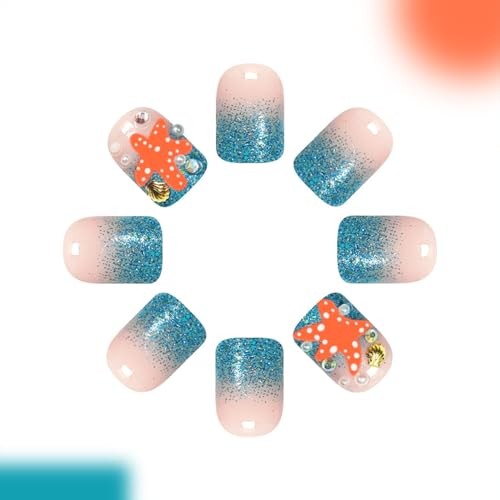 Blue Glitter Gradient Nails – Short Square – Fake Summer Nails – 11