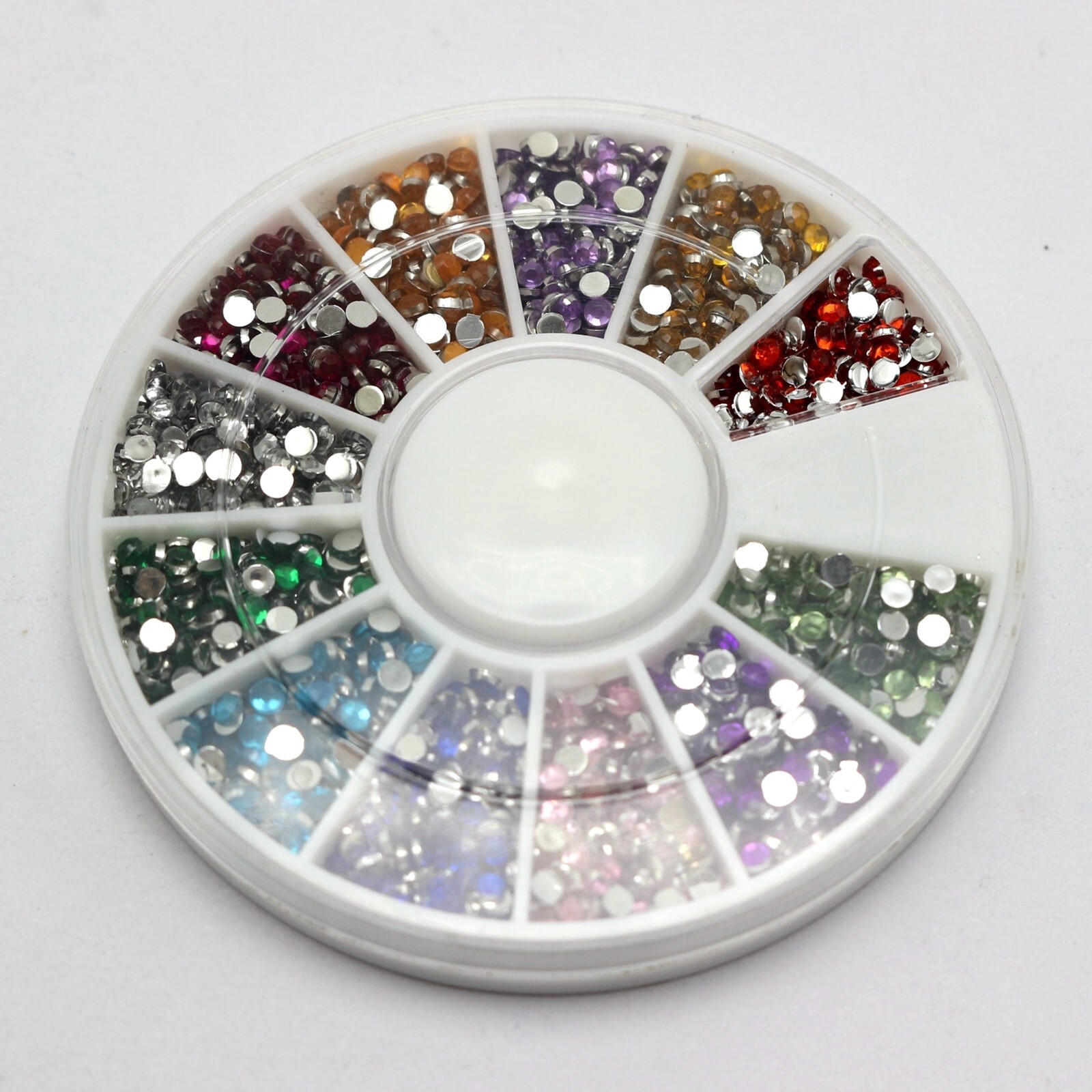 1200 Acrylic Nail Art Round Flatback Rhinestone Gem 2mm with Wheel 12 Colour