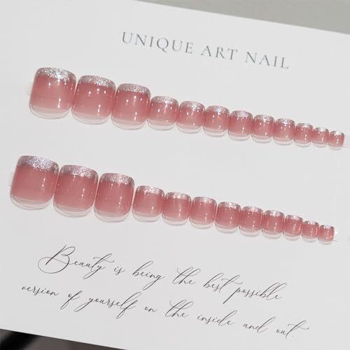 Toenails Square Fake Toenails Glossy Nude French Tip Press on Toenails style17