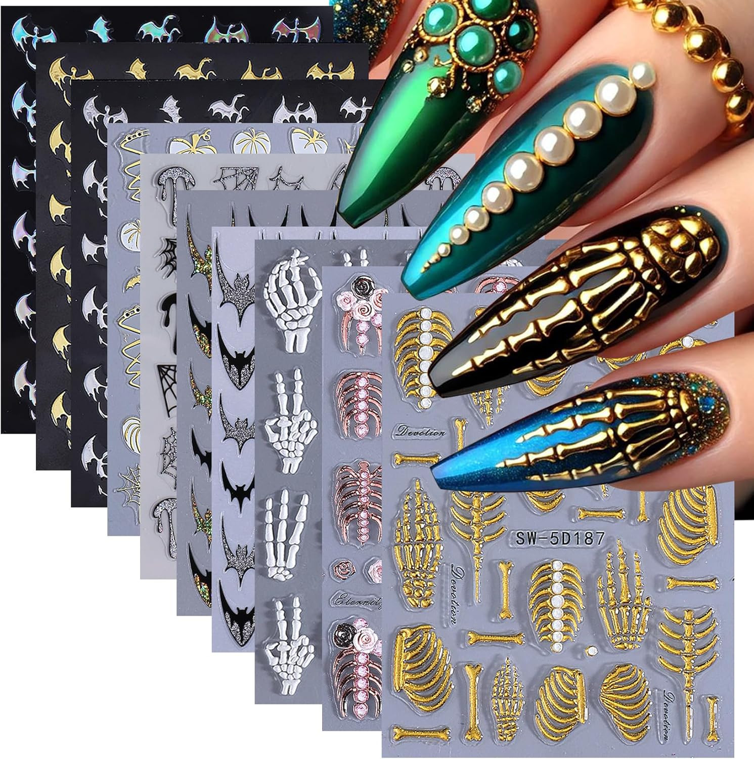 Gothic 5D Nail Art Stickers 10 PCS Embossed Skeleton Y2K Nail Decals Golden Rose
