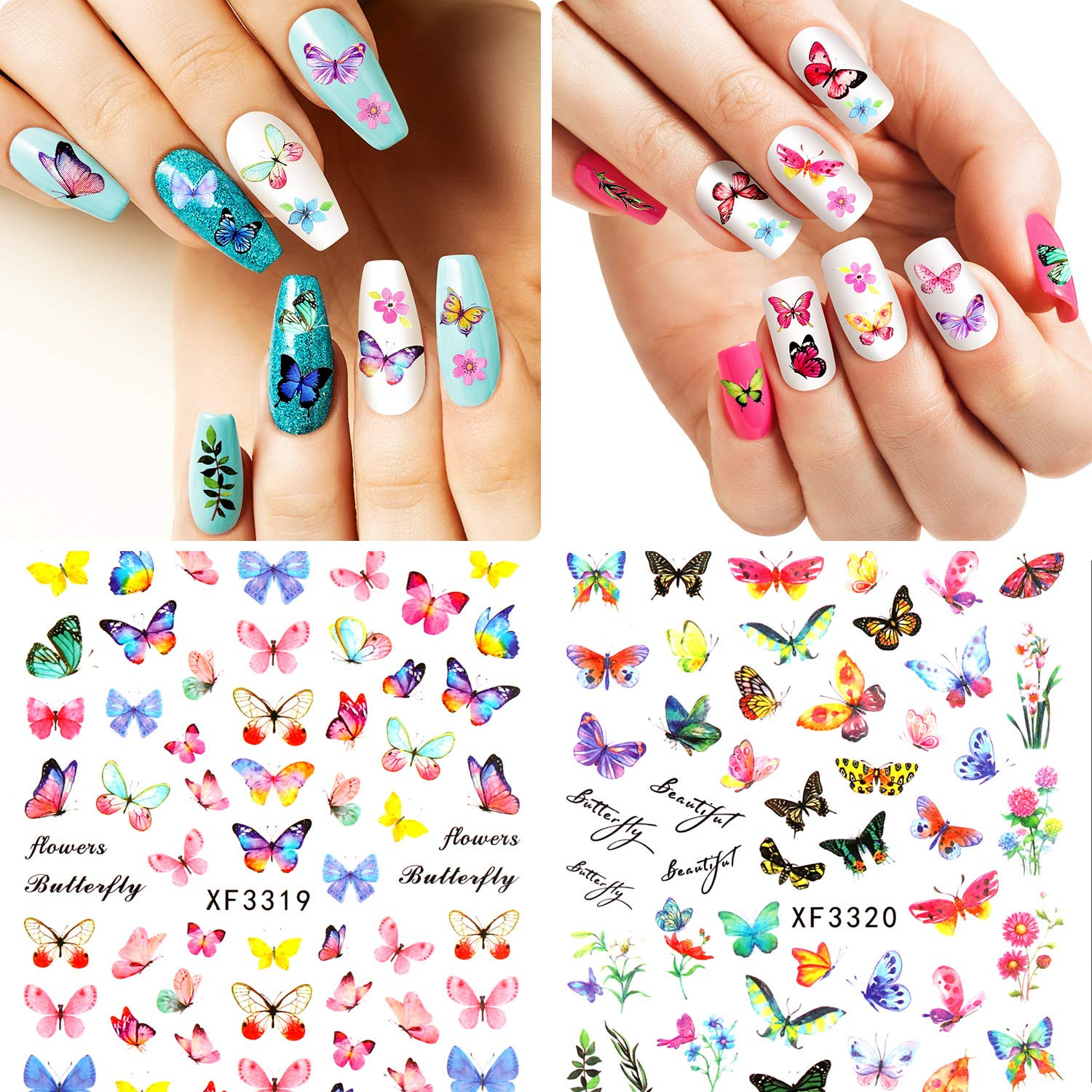 24 Sheets Colorful Butterfly Flower Nail Stickers – Mixed Design Self-Adhesive N