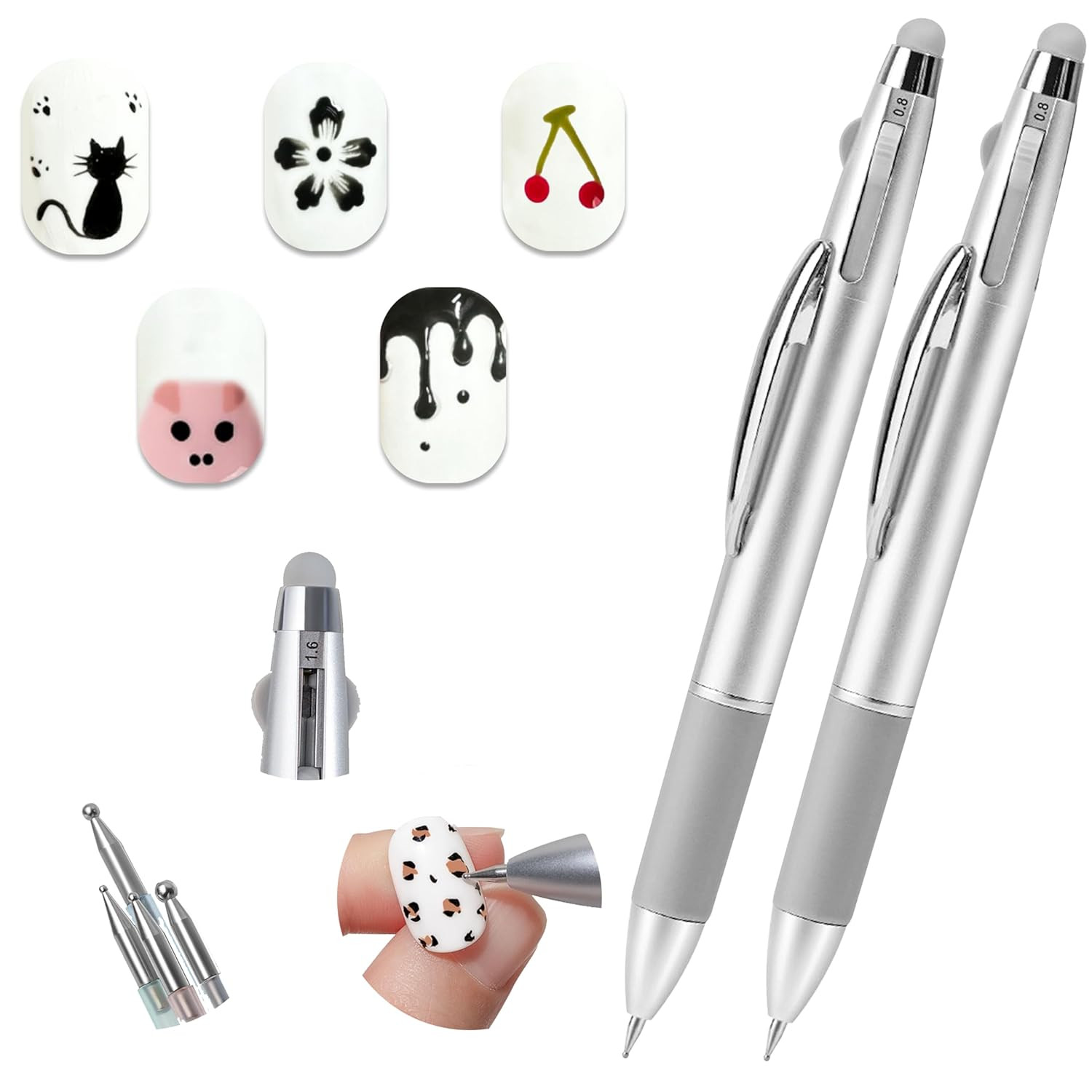 Nail Dotting Pen 5 in 1 2 PACK, Ballpoint Pen Design Nail Dotting Tool