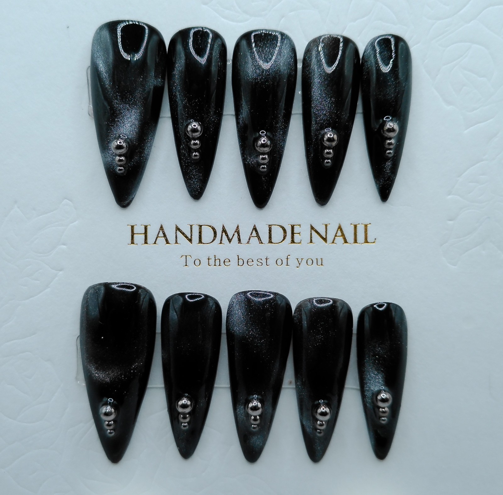 Long Stiletto Press-on Nails, Black Galaxy Cat Eye and Gun Metal Beads – Large