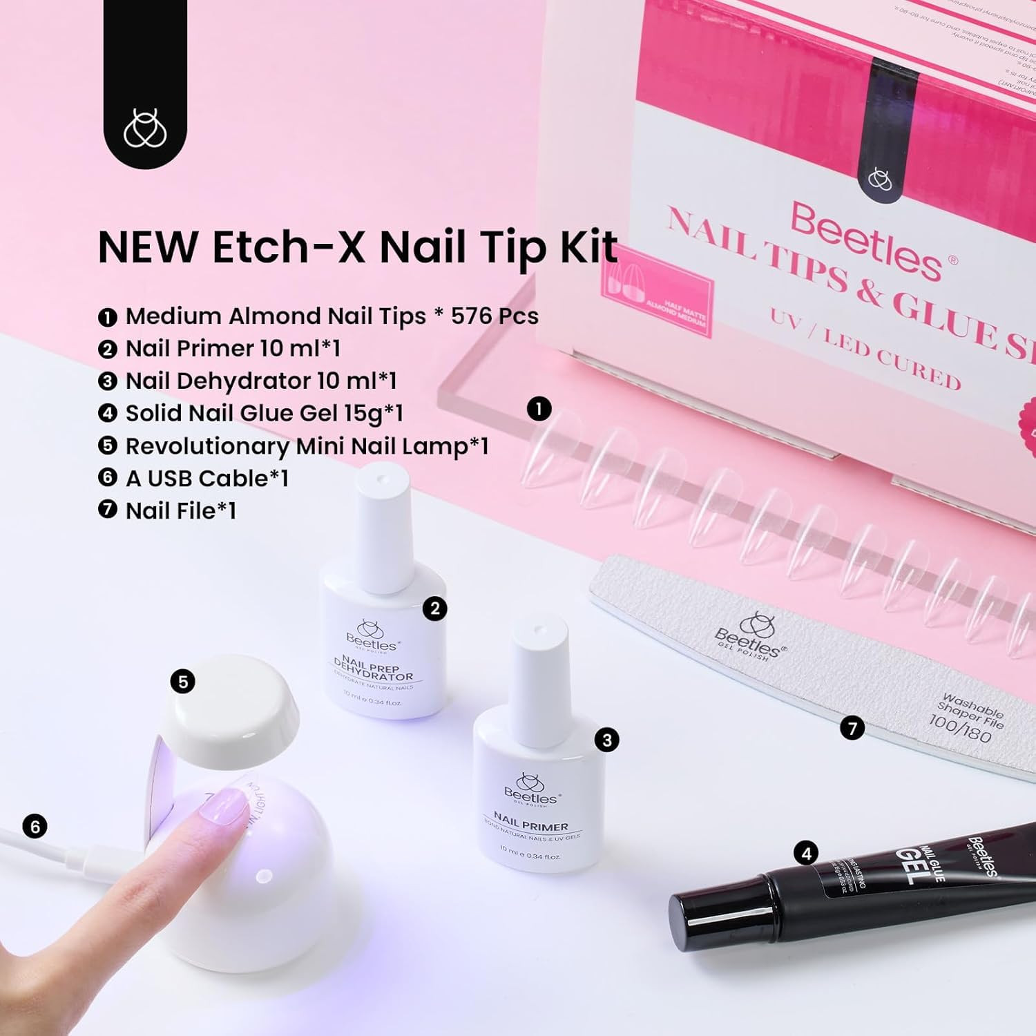 Beetles Gel Nail Kit Medium Almond with Dehydrator and Primer, 576Pcs Half Matte