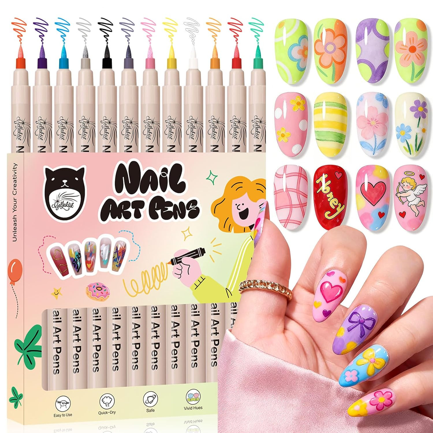 12 Colors 3D Nail Art Pens 0.7Mm, Waterproof Quick Dry for DIY Nail Design | Acr