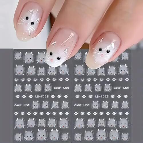 2 Sheets Cute Cat Nail Art Stickers, 5D Embossed Self-Adhesive Colorful Little