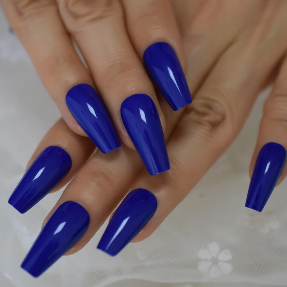 24 Press on nails kit w glue Long sapphire blue royal glossy