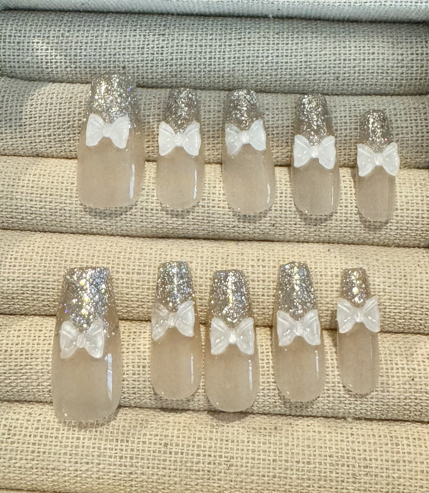 Handmade Gel press on nails long 25mm coffin Bow Tie Shining Light Peach Size S
