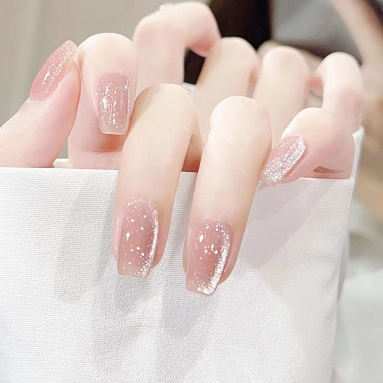 24pcs Purple Cat Eye Almond Long False Nails Glitter Shiny Nail Patch