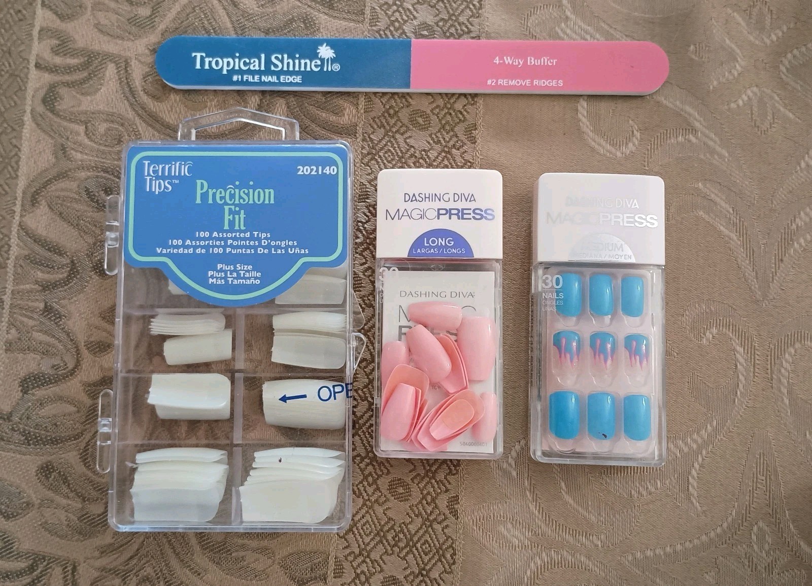 Lot Of 3 Acrylic Nails Sets,White,Blue,Pink And Buffer. *New