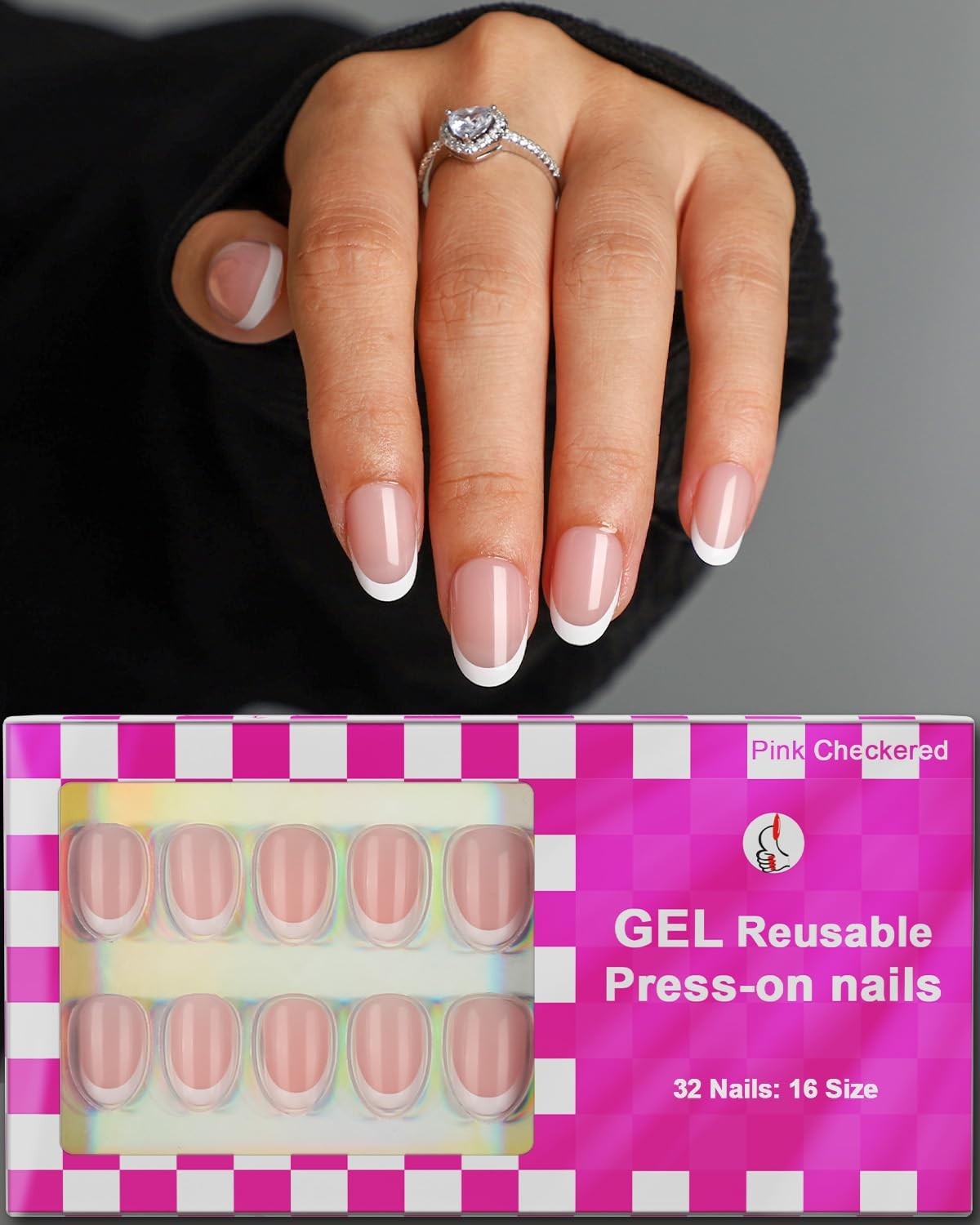 16 Sizes Short Oval Press on Nails, French Tip Short Round Reusable 32pcs Glo…