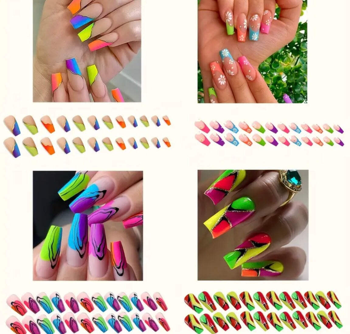 96 pcs (4 Packs) Floral Press on Nails With Rhinestones, med Ballet Shape With a