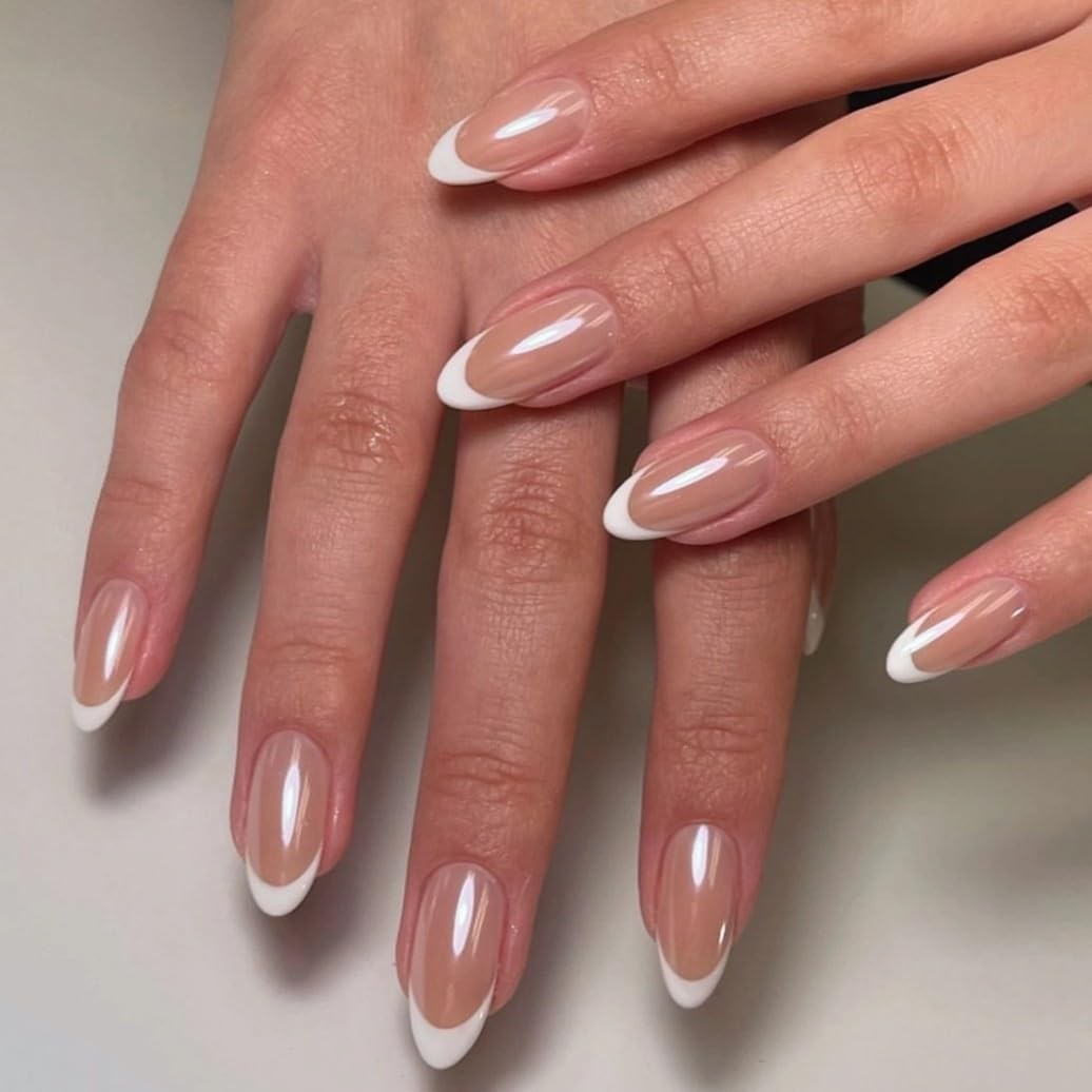 evpct French Tip Chrome Glazed Almond Nails Nude Brown/White
