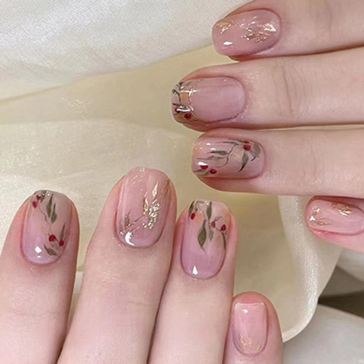 Short Almond Press on Nails, Square Glossy Nude False Nails with Glue, Reusable