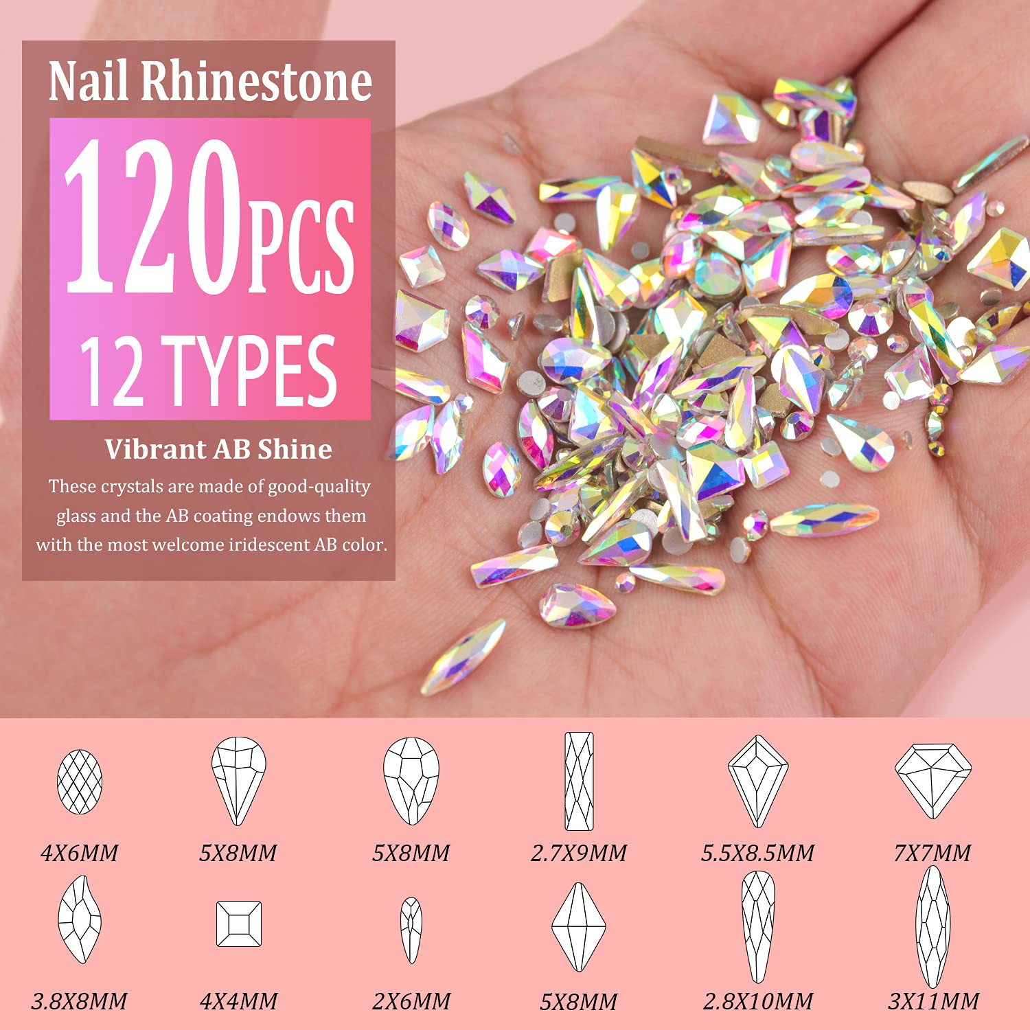 Multi Shapes 3D Glass AB Crystal Nail Art Rhinestones Kit with Flatback round Be