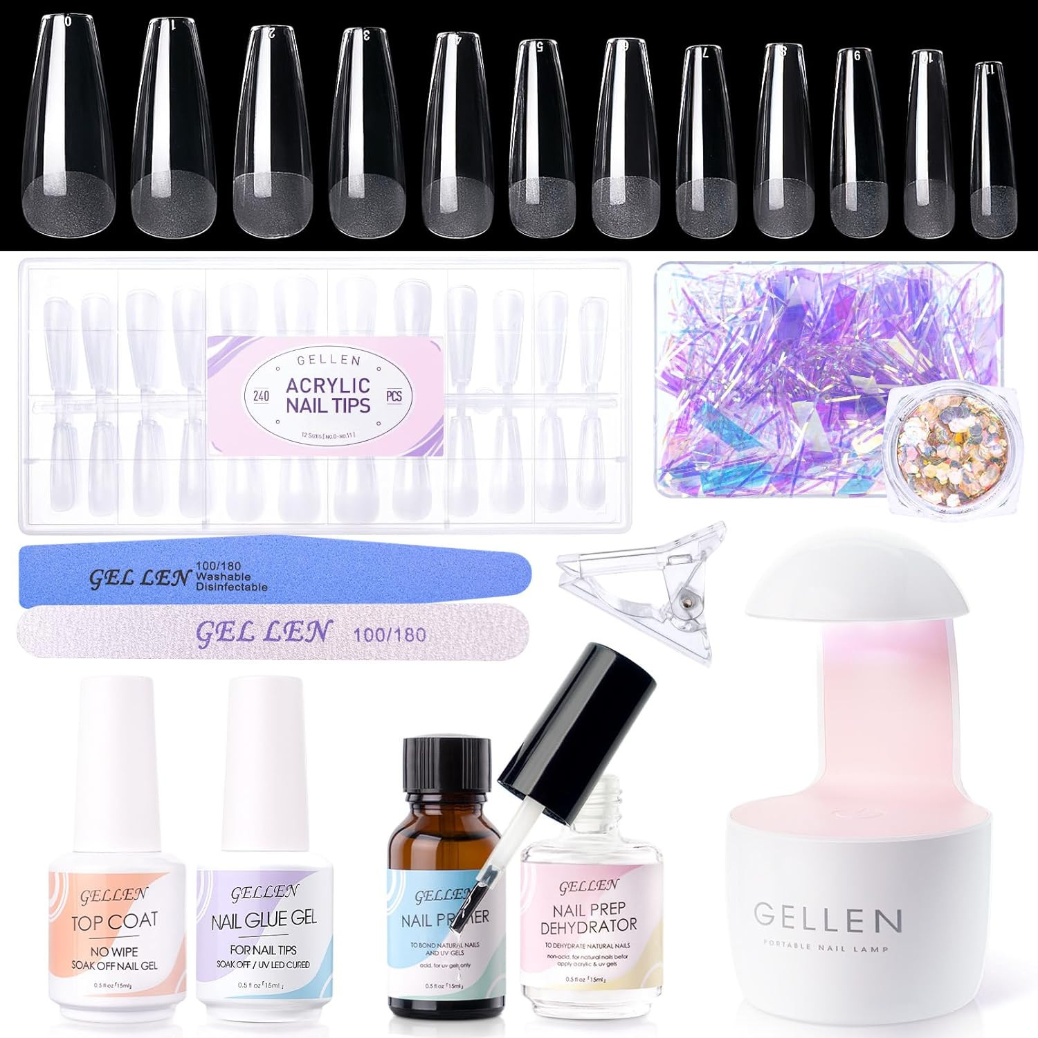 Gel Nail Extension Kit, 240PCS Long Coffin Tips with UV Light | All-In-One Set w