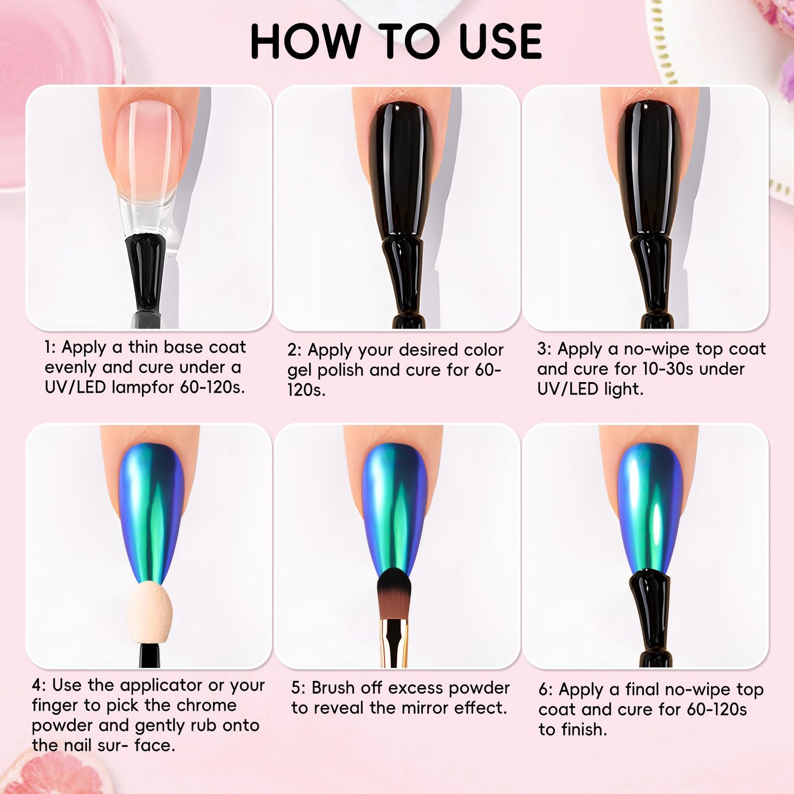 Chrome Nail Powder Kit – 2 Jar Mirror Effect Metallic Holographic Aurora Merm…