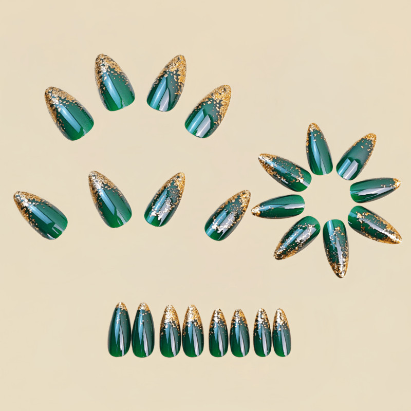 48Pcs-Long Almond Dark Green Gold Glitter Gradient Fake Press on Nails Set