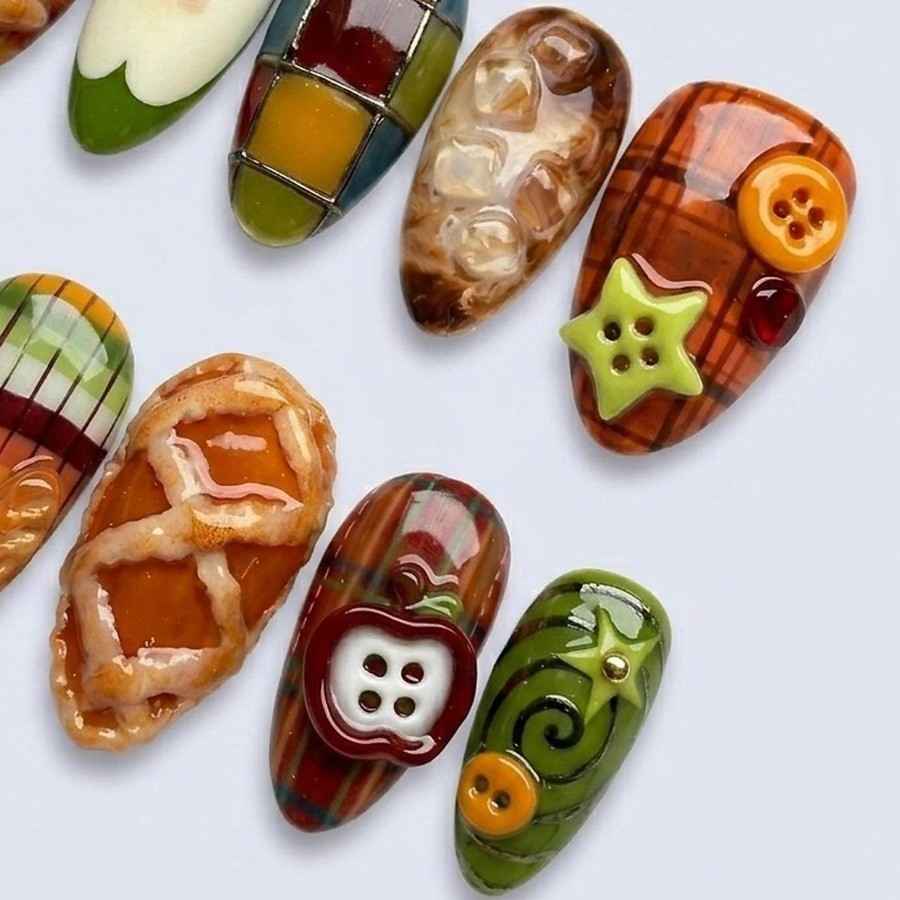 Dessert Handmade Press on Nails Apple Plaid Button Cartoon Gloss Fake Nails