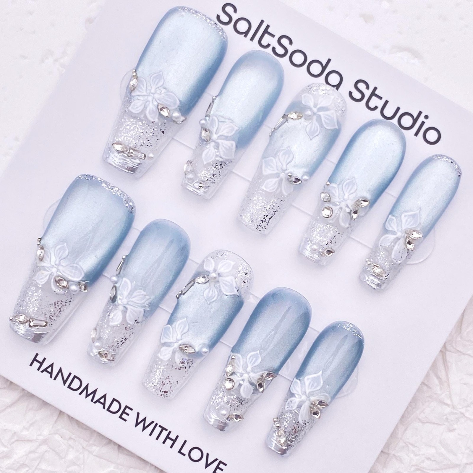 Custom Pure Handmade Nails Ice Blue White Flower Pearl Silver Decor Manicure