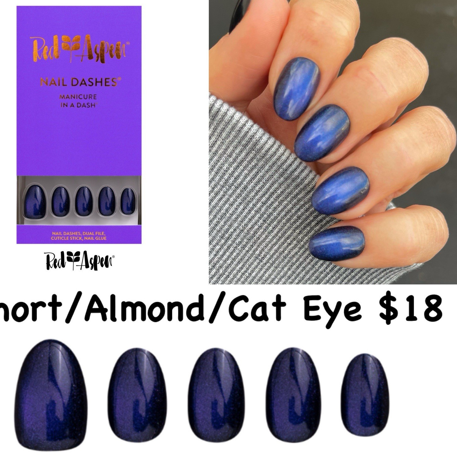 Red Aspen Press-On Nails Marley’s Midnight Muse Short Almond Blue Cat Eye Glue