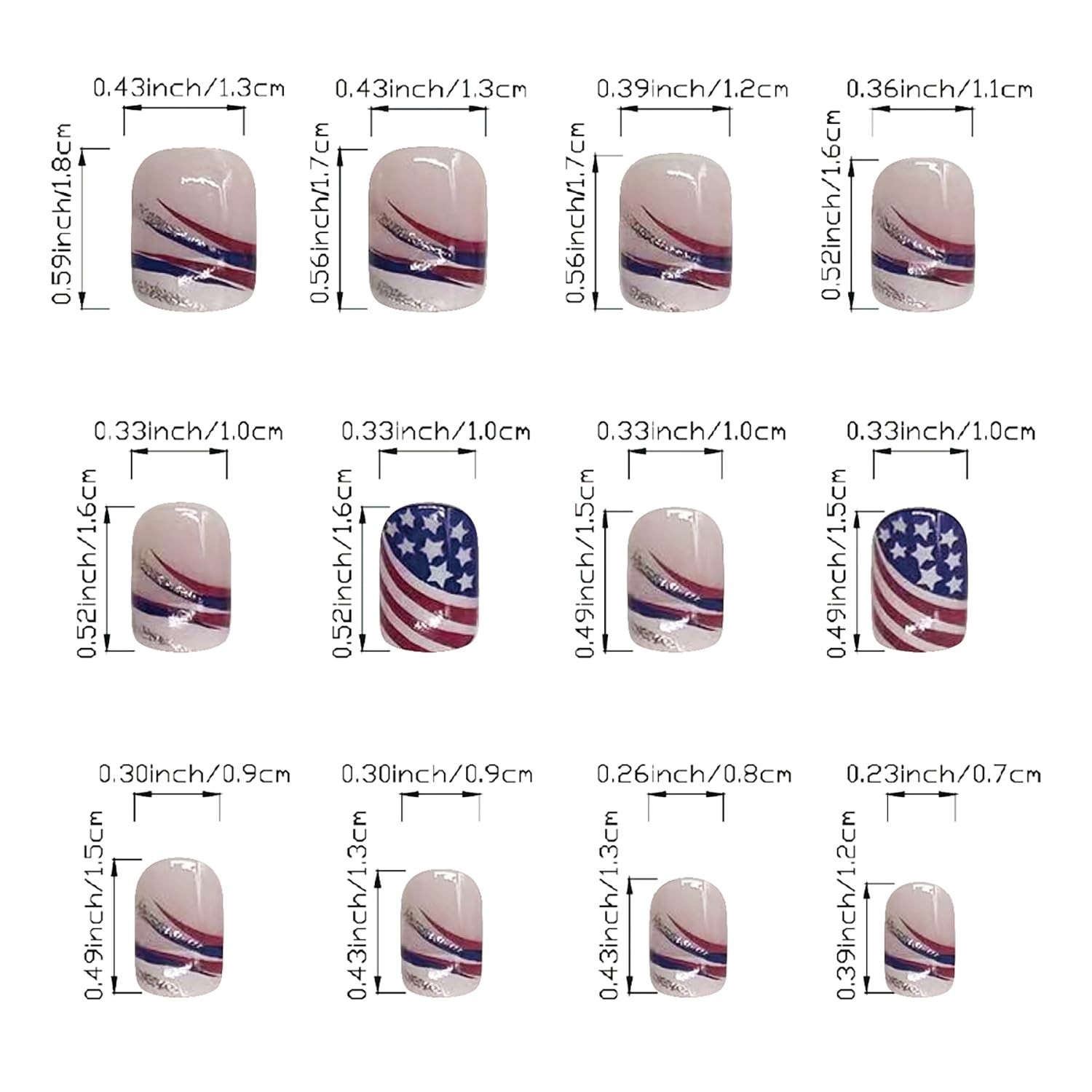 Independence Day Press on Nails Short Square Red Blue White Stripe and Flag