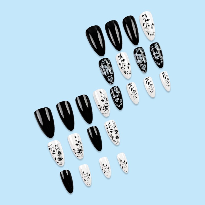 48pcs-Elegant Floral Press on Nails with Black Roses on White and Black Bases
